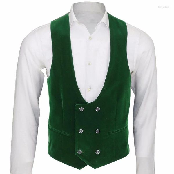 Chalecos para Hombre Chaleco De Traje De Terciopelo Verde para Hombre Chaqueta Sin Mangas con Cuello En U Cruzada Moda Navideña Boda Formal Personalizada