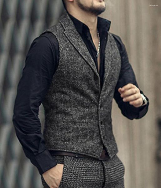 Chalecos de hombre Gris espiga Solapa de hombre Cuello en V Lana Casual Formal Chaleco de negocios Slim Fit Gilet Chaleco Groomman