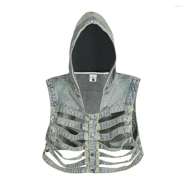 Gilets pour hommes Halloween évidé squelette à capuche denim gilet vêtements de travail camisole tendance ruffian beau court sans manches cool garçon