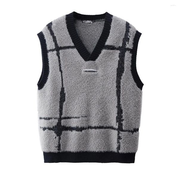 Chalecos para hombres Harajuku Street Trend Patchwork a rayas con cuello en V Suéter de punto Chaleco Estilo de pareja Jacquard A cuadros Suéteres sin mangas de gran tamaño