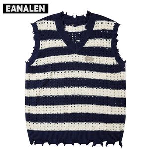 Herenvesten Harajuku Vintage Blauw Roze Gestreept Truivest Heren Designer Pullover Vest Y2K Oversized Gat Trui Damesvest Esthetiek 230915