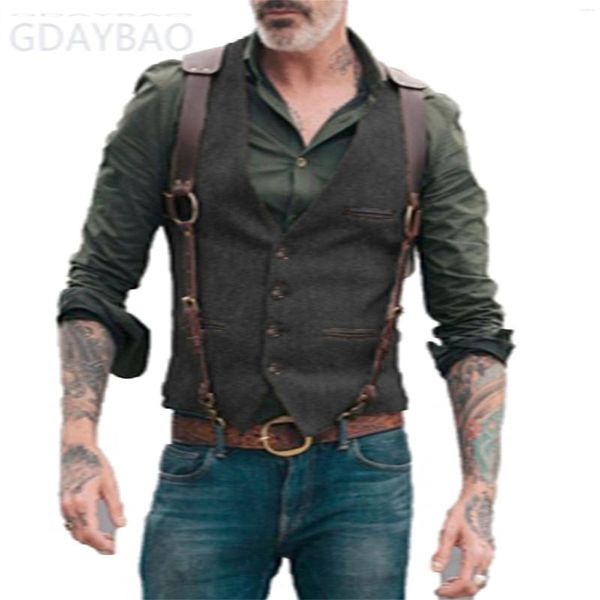 Chalecos para hombres Herringbone Hombres Chaleco rojo Chaleco Hombre Steampunk Chaqueta Rayas Tweed V-cuello Slim Fit Gilet Ropa de boda Masculino