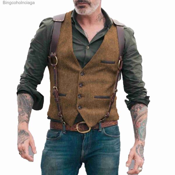 Chalecos para hombre Chalecos en espiga para hombre, chaleco marrón para hombre, chaqueta Steampunk para hombre, chaleco de Tweed a rayas con cuello en V, chaleco ajustado, ropa de boda L231014