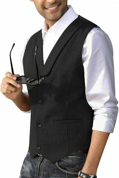 Gilets pour hommes Herringbone Hommes Gilet Noir Châle Revers Laine Tweed Tissu Gilet Pour La Fête De Mariage Dîner Costume De Travail