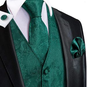 Gilets pour hommes Hi-Tie 4PC Paisley Dark Green Soie Mens Costume Gilet Tissé Gilet Cravate Poche Carrée Bouton De Manchette Business Robe De Mariée Taille Veste