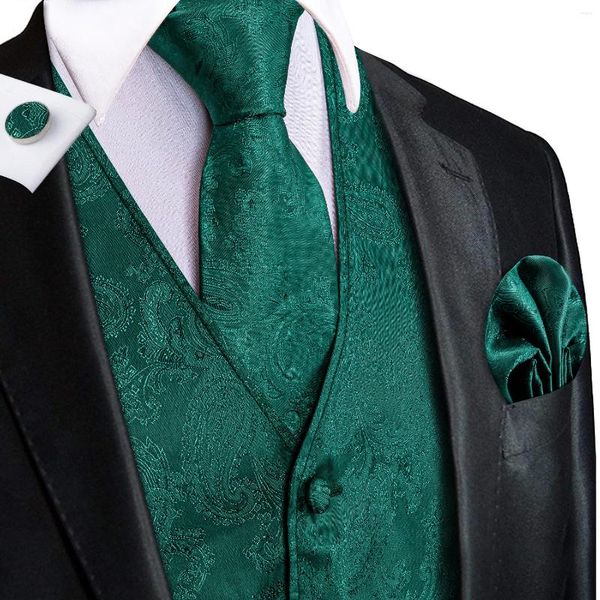 Chalecos para hombres Hi-Tie 4PC Paisley Verde oscuro Seda Traje para hombre Chaleco Tejido Chaleco Corbata Bolsillo Cuadrado Gemelos Vestido de boda de negocios Chaqueta de cintura