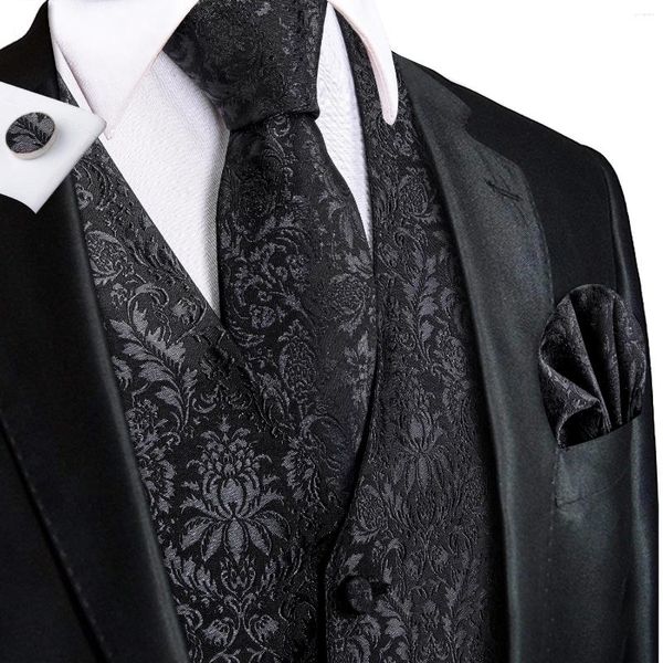 Gilets pour hommes Hi-Tie 4pcs Noir Floral Soie Mens Costume Tissé Gilet Cravate Poche Boutons De Manchette Carrés Robe De Mariage D'affaires Taille Veste