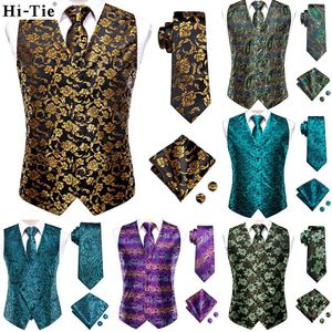 Gilets pour hommes Hi-Tie Noir Or Floral Soie Robe Ensemble Pour Hommes Bleu Foncé Jacquard Costume Mâle Gilet De Mariage Mal Veste 221128