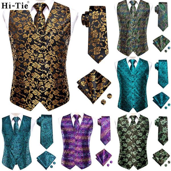 Gilets pour hommes Hi-Tie Black Gold Floral Silk Robe Set pour hommes Dark Blue Jacquard Costume Homme Gilet Mariage Mal Veste 230317