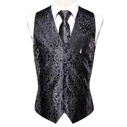 Gilets pour hommes Hi-Tie Noir Hommes Soie Paisley Gilet Cravate Hanky Boutons De Manchette Broche Ensemble Pour Costume De Mariage Party Designer Business