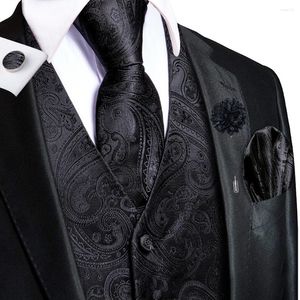 Gilets pour hommes Hi-Tie Noir Paisley Hommes Gilet en soie Jacquard Gilet Cravate Hanky Boutons de manchette Broche Ensembles pour costume de mariage formel Business Party