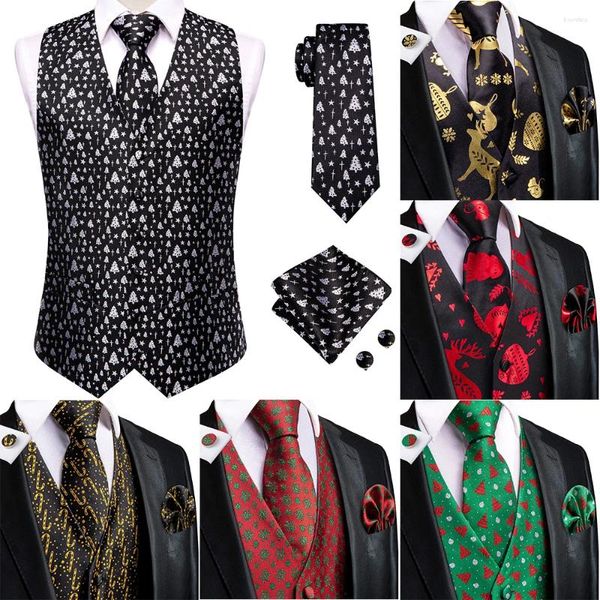 Chalecos para hombres Hi-Tie Negro Blanco Christma Seda Chaleco Corbata Vestido formal de negocios Chaqueta sin mangas delgada 4PC Hanky Gemelos Traje Chaleco