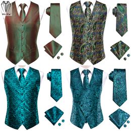 Gilets pour hommes Hi-Tie Marque Soie Mens Green Teal Gilet Veste Cravate Poche Boutons de manchette carrés pour hommes Robe Costume Mariage Party Business 221124