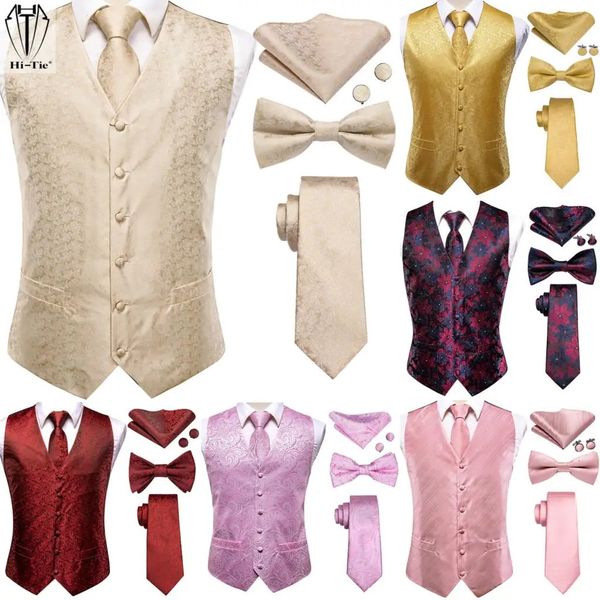 Gilets pour hommes Hi-Tie Marque Soie Hommes Gilets Rouge Bleu Vert Or Gilet Cravate Bowtie Hanky Boutons De Manchette Ensemble Taille Veste Pour Hommes Bureau De Mariage 231128