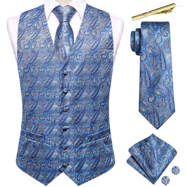 Gilets pour hommes Hi-Tie Business Blue Mens Soie Classique Paisley Gilet Veste Cravate Hanky Boutons De Manchette Clips Ensembles De Mariage Formelle Designer