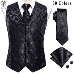 Herenvesten hi-tie ontwerper Jacquard Silk Mens Vest Mouwloze taillejack Pure Black Floral Willat Neck Tie Hanky ​​manchetknopen Set voor mannen 230310