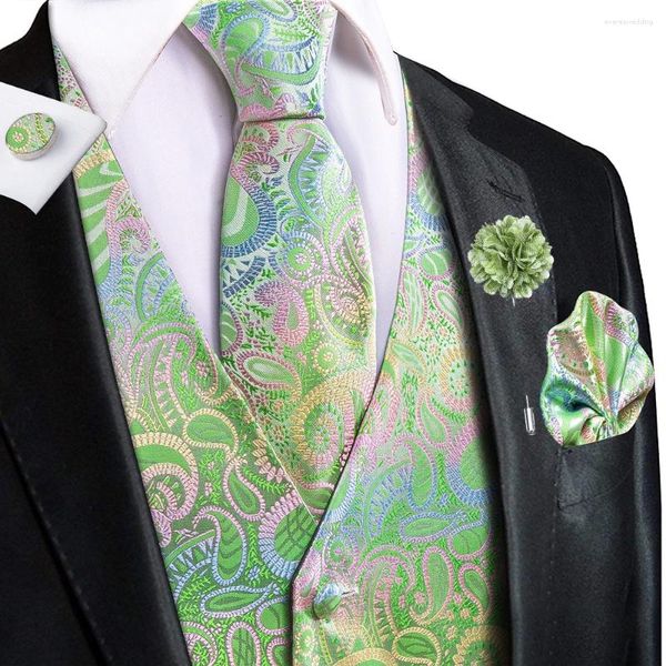 Chalecos para hombres Hi-Tie Green Pink Seda para hombre Novedad Paisley Chaleco Corbata Hanky Gemelos Conjuntos de broches para hombres Traje Boda Negocio formal