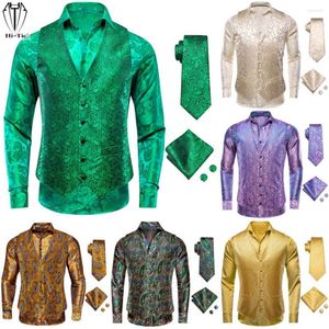 Gilets pour hommes Salut-Tie Vert Soie Mens Chemise Gilet Cravate Hanky Cufflink Tissé Paisley Floral Mâle Blouse Gilet De Mariage Party Business Surdimensionné