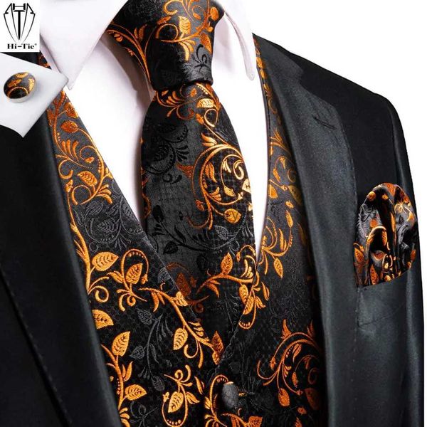 Chalecos para hombres Hi-Tie Jacquard Seda Chaleco para hombre Conjunto de corbata Chaqueta sin mangas Corbata Hanky Gemelos Traje Oro Azul Negro Chaleco Boda Negocio YQ231031