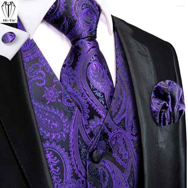 Chalecos para hombre Hi-Tie Jacquard Seda Púrpura Azul Paisley Chaleco para hombre Conjunto de corbata Chaqueta sin mangas Corbata Pañuelo Vestido con gemelos Chaleco delgado Boda