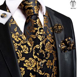 Gilet da uomo Hi-Tie Gilet da uomo in seta di lusso Gilet jacquard floreale oro nero Cravatta Gemelli Hanky Spilla Set per uomo Abito da sposa Ufficio XL 230310