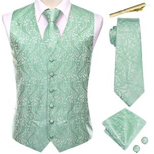 Gilets pour hommes Hi-Tie Hommes Gilet en soie Vert foncé Rose Violet Noir Bleu Gilet à col en V Veste Cravate Hanky Boutons de manchette Clips Mariage Business