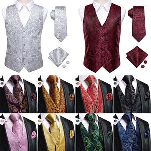 Gilets pour hommes Hi-Tie Mens Cravate en soie Ensembles V-Cou Gris Rouge Violet Bleu Vert Rose Noir Gilet Hanky Boutons de manchette Mariage Business Designer