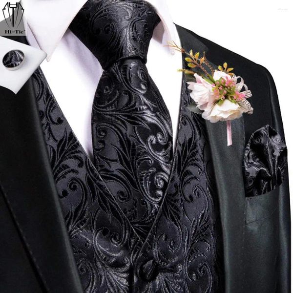 Gilets pour hommes Hi-Tie Mens Vest Cravate Hankerchief Boutons de manchette Corsage Set Gilet sans manches Veste Collier Fleur Cravate Business Mariage Événements