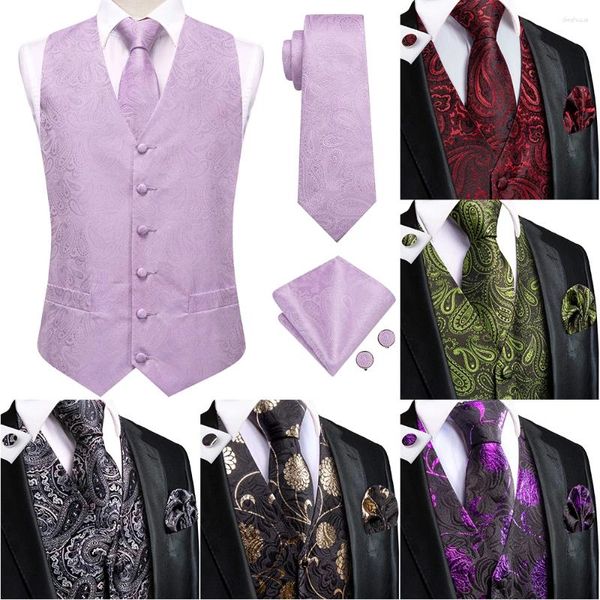 Gilets pour hommes Hi-Tie Paisley Soie Light Purple Jacquard Mouchoir Boutons de manchette Cravate sans manches Wistcoat Ensembles d'affaires de mariage
