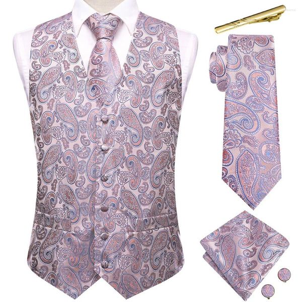 Chalecos para hombres Hi-Tie Paisley Seda Mens Coral Rosa Azul Negro Verde Púrpura Rojo Chaleco Clips Corbata Hanky Gemelos Boda Negocio