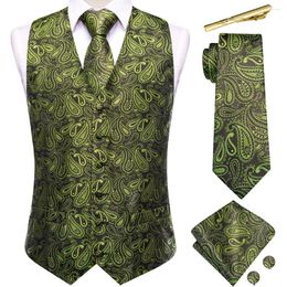 Gilets pour hommes Salut-Tie Paisley Gilet en soie pour hommes Vert sans manches V-Col Gilet Cravate Clips Hanky Boutons de manchette Ensembles Mariage Business Party