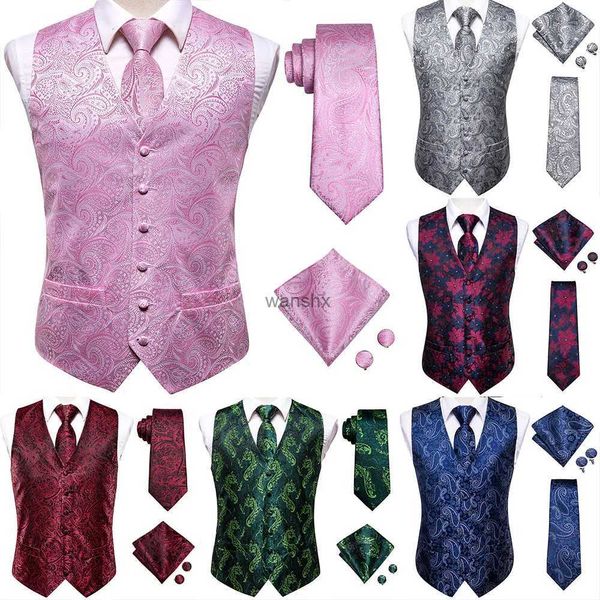 Herenvesten Hi-Tie Roze Groen Paisley Zijden Jurkvest Set Voor Mannen Donkerblauw Jacquard Heren Pakvest Mannelijk Vest Voor Bruiloft Formeel JasjeL240104