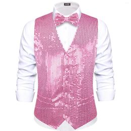 Herenvesten hi-tie roze solide pailletten jacquard kraagkraag vest slanke fit waastcoat voor bruiloft groomsmen v-neck tuxedo mouwloze jas
