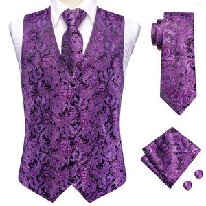 Mannen Vesten Hi-Tie Paarse Zijde Heren Vest Stropdas Hanky Manchetknopen Set Jacquard Bloemen Vest Jasje Stropdas Voor Mannelijke Bruiloft Business Oversized