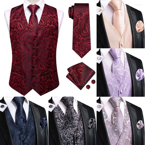 Gilets pour hommes Hi-Tie Rouge Soie Hommes Classique Paisley Jacquard Mouchoir Boutons De Manchette Cravate Sans Manches Wistcoat Ensemble Cadeau D'affaires De Mariage