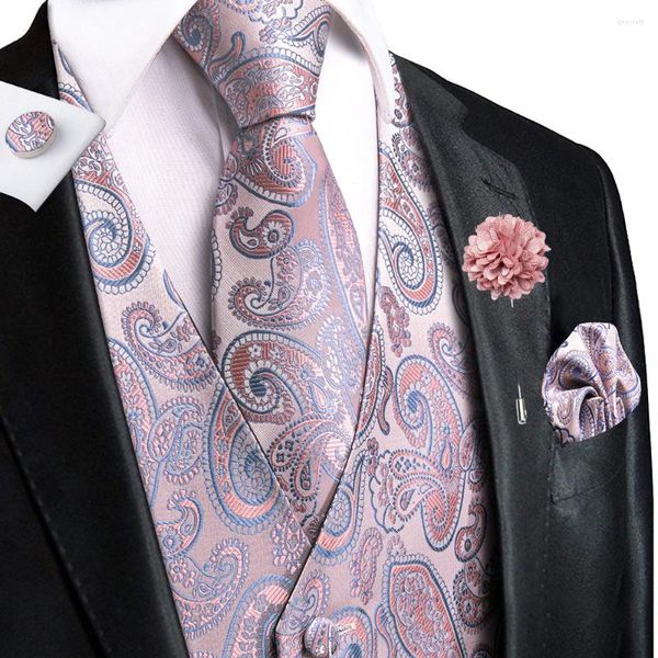 Gilets pour hommes Hi-Tie Soie Mens Paisley Rose Broche V-Col Gilet Cravate Hanky Boutons De Manchette Ensembles Pour Costume Homme Mariage Formel Business Party