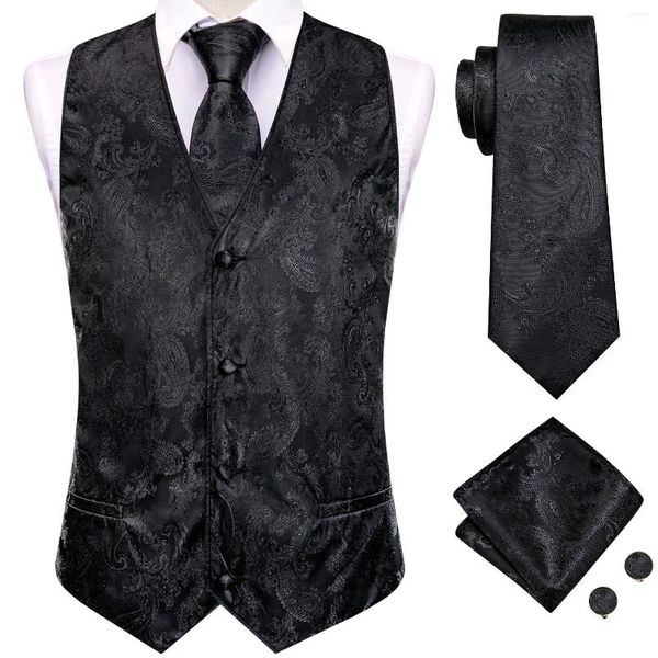 Chalecos para hombres Traje para hombre de seda Hi-Tie 4PC Tejido Paisley negro Chaleco Corbata Bolsillo Cuadrado Gemelos Vestido de boda de negocios Chaqueta de cintura