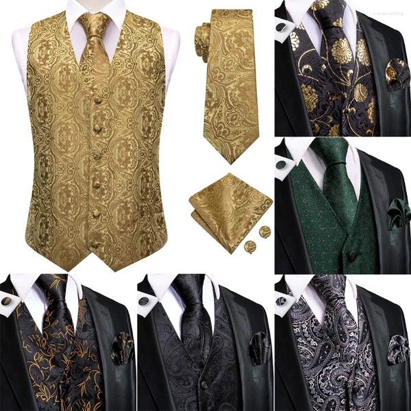 Chalecos para hombres Hi-Tie Seda Chaleco para hombre Corbata Diseñador Marrón Vestido floral Chaqueta sin mangas 4PC Hanky Gemelos Paisley Traje Chaleco Boda Formal