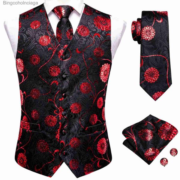 Gilets pour hommes Hi-Tie Soie Mens Gilet Cravate Hanky Boutons de manchette Ensemble Jacquard Floral Paisley Gilet sans manches Veste Cravate pour le travail de mariageL231014