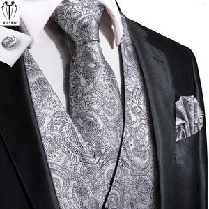 Gilets pour hommes Hi-Tie Argent Gris Paisley Soie Mens Gilet Cravate Ensemble Jacquard Gilet Sans Manches Veste Cravate Hanky Boutons De Manchette Mariage Affaires