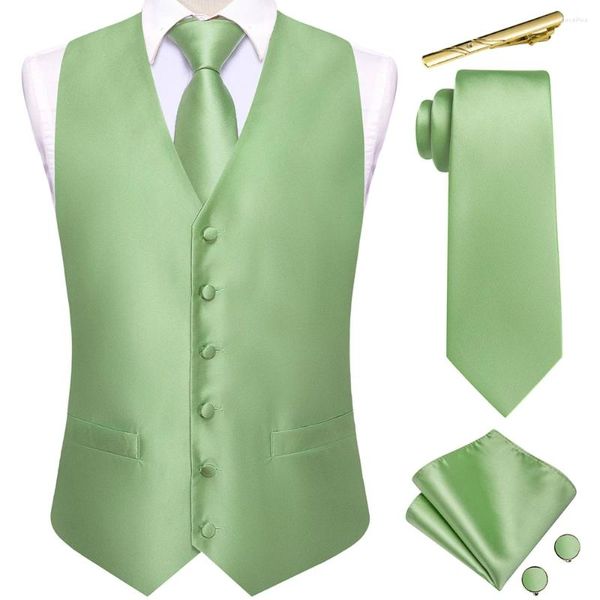 Gilets pour hommes Hi-Tie Solide Soie Hommes Gilet Feuille Vert Rose Bleu Violet Noir Gilet Veste Cravate Hanky Boutons De Manchette Clip Mariage Cadeau D'affaires