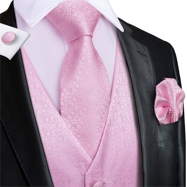 Gilets pour hommes costume Hi-Tie rose 100% soie pour mariage pêche haute qualité gilet de corail pour hommes poche Hanky boutons de manchette ensemble 230317