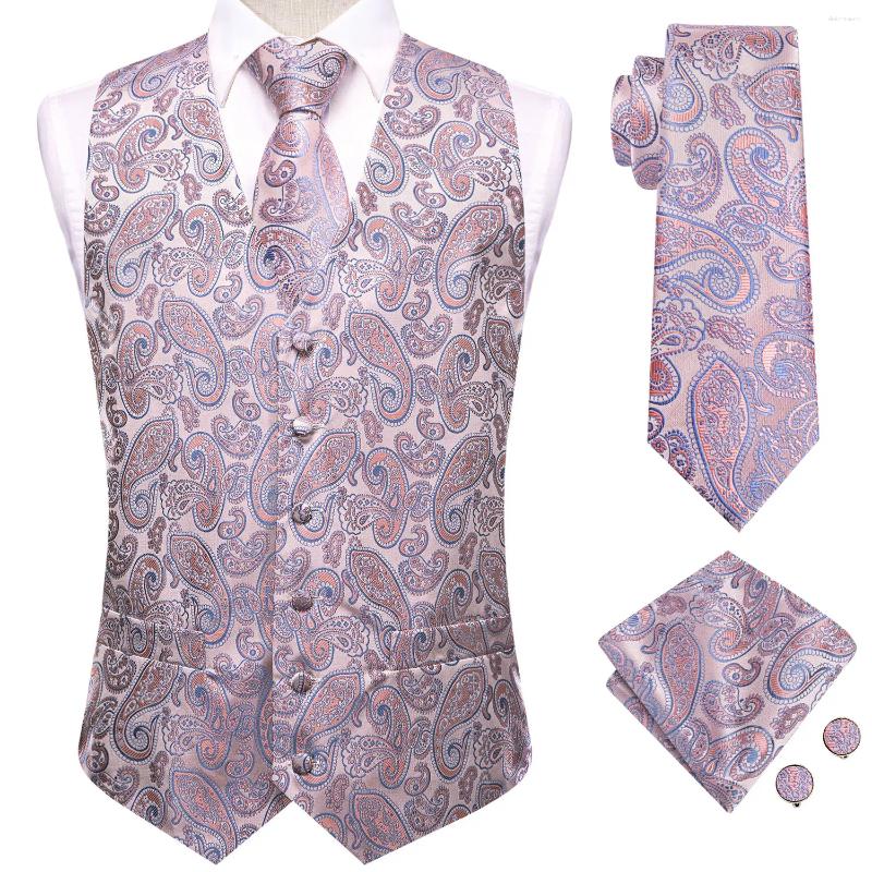 Men's Vests Hi-Tie Wedding Pink Blue Silk Paisley Necktie Handkerchief Cufflinks Sleeveless Suit Waistcoat Sets Designer Formal