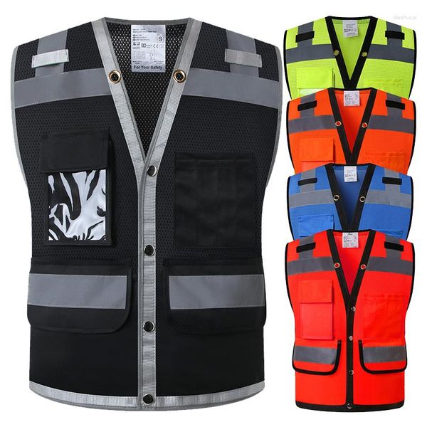 Gilets pour hommes Salut Vis Gilet pour hommes Noir Haute visibilité avec fermeture à glissière et poches Vêtements de sécurité avant Construction de travail