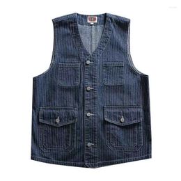 Gilets pour hommes Haute Qualité Moto Japonais Rétro Lavé Denim Biker Gilet Hommes Et Femmes Multi Poche Casual Rayé Cowboy Gilet Quatre S