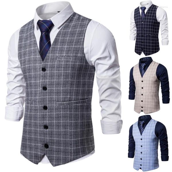 Gilets pour hommes de haute qualité à carreaux gilet simple boutonnage costume ajusté gilet de mariage slim-fit