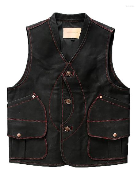 Chalecos para hombre, chaleco de alta calidad, chaquetas sin mangas para Moto de cuero genuino, chaleco de piel de vaca esmerilado con múltiples bolsillos y botones de fruta