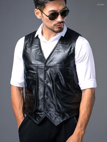 Gilets pour hommes gilet de haute qualité hommes en cuir véritable Vintage Style décontracté Western Biker gilet multi-poches en peau de vache veste sans manches