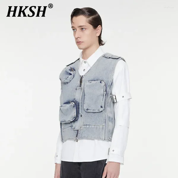 Vêtes pour hommes hksh printemps d'été marée chic de conception de niche de conception denim ventre 3d poches camisole punk tops tops épissés