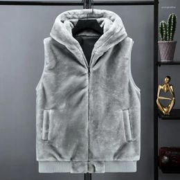 Gilets pour hommes à capuche fausse fourrure gilet veste hommes automne hiver fermeture éclair en peluche cardigan imitation vison polaire gilet poche sans manches gilet